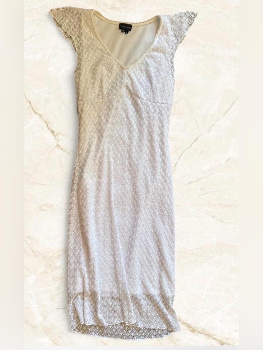 Ethereal White lace midi dress with cap sleeves and V-neckline Made in the USA M